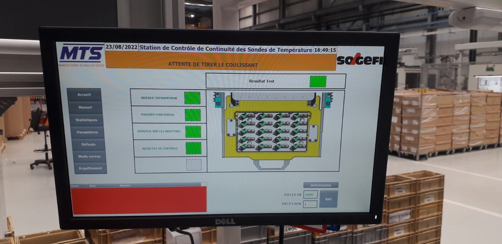 Écran IHM de la station de test de continuité des sondes de température affichant le résultat de test et les compteurs OK / NOK