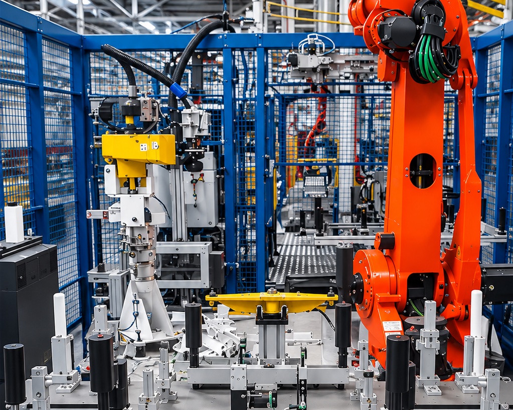 Cellule robotisée MTS : robot six axes en cage grillagée au-dessus d'un poste d'assemblage instrumenté.