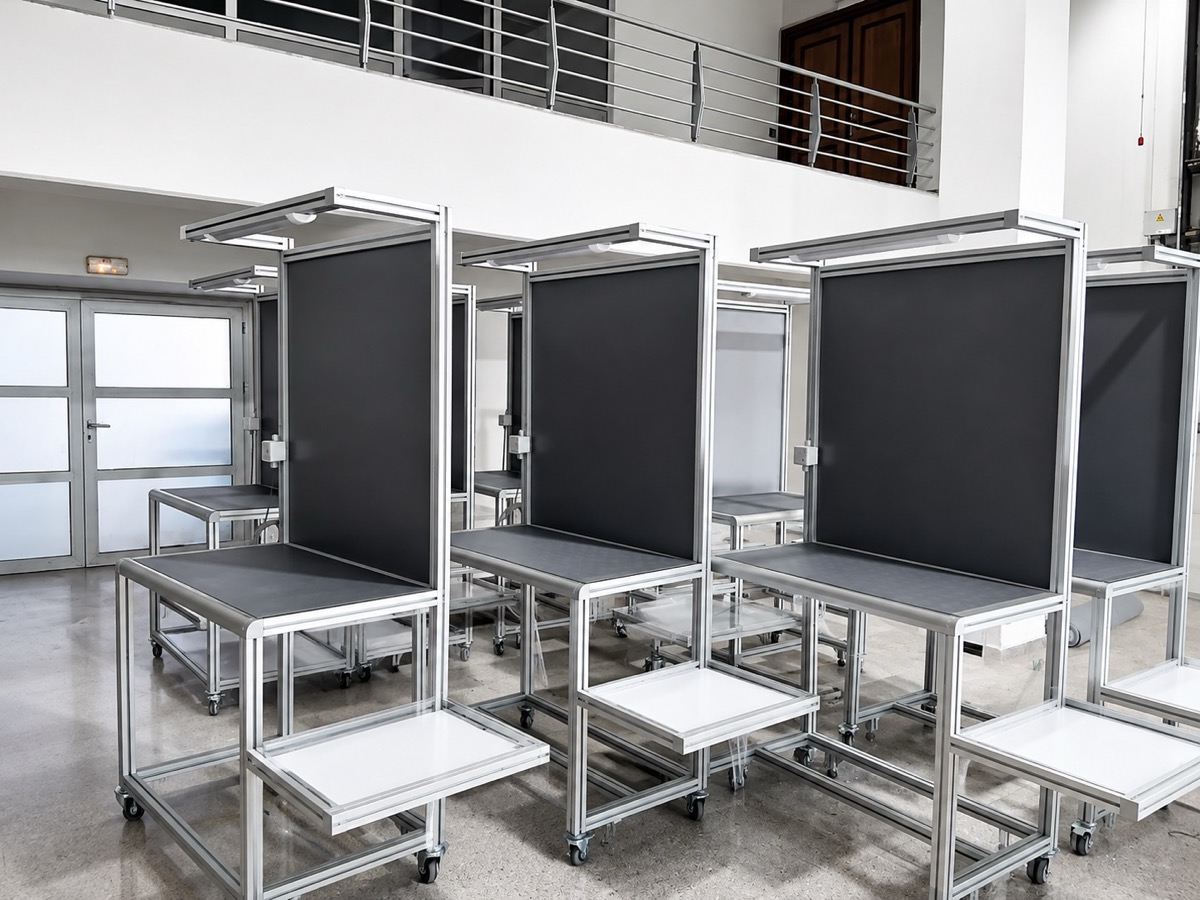 Rangée de postes de travail MTS en profilés aluminium : panneau dorsal, éclairage intégré en potence et desserte roulante.