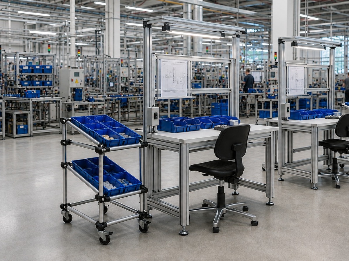 Ligne d'assemblage avec cellule cartérisée en profilés aluminium, établi d'approvisionnement et chariots de desserte en tubes Lean.