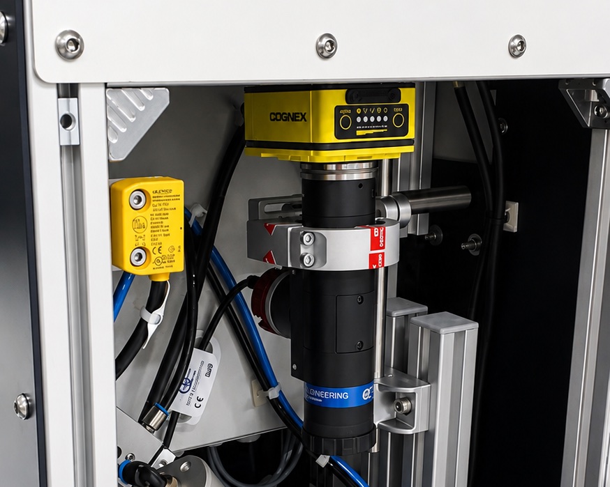 Contrôle par vision industrielle chez MTS : caméra Cognex et son objectif au-dessus du poste, sous pupitre Siemens SIMATIC.